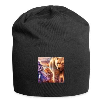 Kriegerin. Wandern mit einem Bären - Jersey-Beanie - Schwarz - Vorne