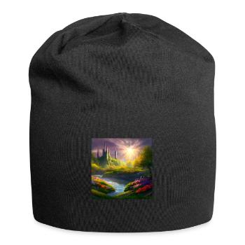 Gemälde einer Fantasielandschaft bei Sonnenaufgang - Jersey-Beanie - Schwarz - Vorne