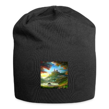 Gemälde einer Fantasielandschaft bei Sonnenaufgang - Jersey-Beanie - Schwarz - Vorne