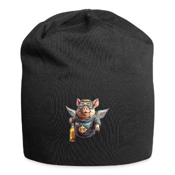 Fliegendes Schwein mit Bier - Lustig und Frech - Jersey-Beanie - Schwarz - Vorne