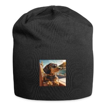 Teckel à poil dur avec lunettes de soleil en vacances - Bonnet en jersey - noir - Devant