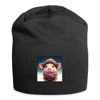 Süßes Ferkel mit Most und Schal im Schnee - Jersey-Beanie - Schwarz - Vorne