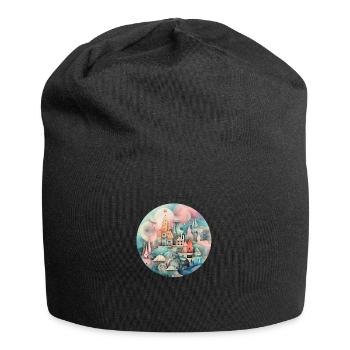 Collage eines skurrilen Dorfes - Jersey-Beanie - Schwarz - Vorne
