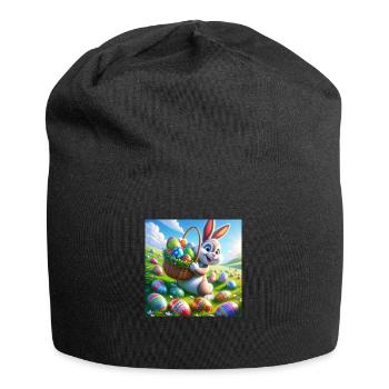 ein fröhlicher osterhase auf einer grüner Wiese - Jersey-Beanie - Schwarz - Vorne