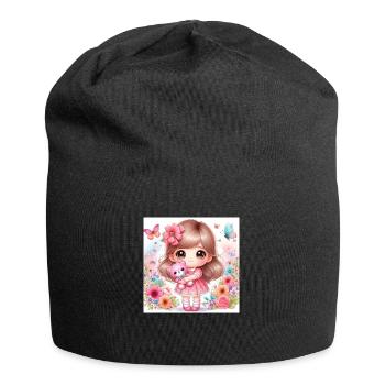 Kleine Puppe mit Teddybär - Jersey-Beanie - Schwarz - Vorne