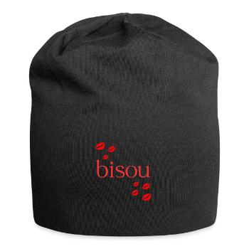 Typographie rouge Bisou avec des lèvres qui s’embrassent - Bonnet en jersey - noir - Devant