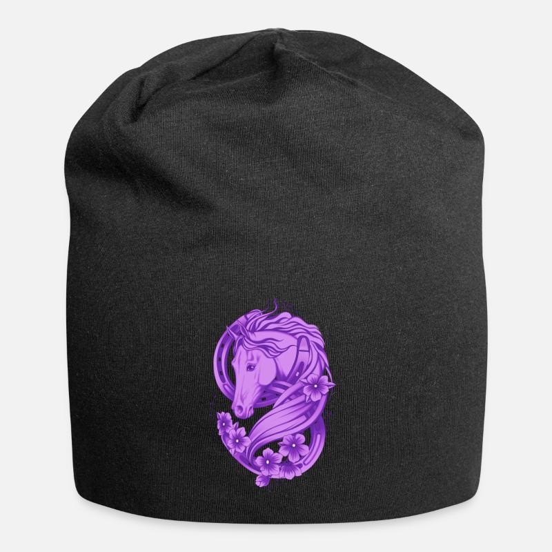 Glücklicher Hufeisen und Blumen - Jersey-Beanie - Schwarz