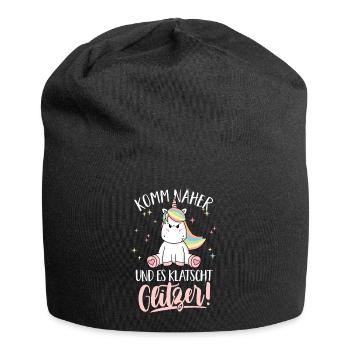 Komm näher und es klatscht Glitzer Einhorn Spruch - Jersey-Beanie - Schwarz - Vorne