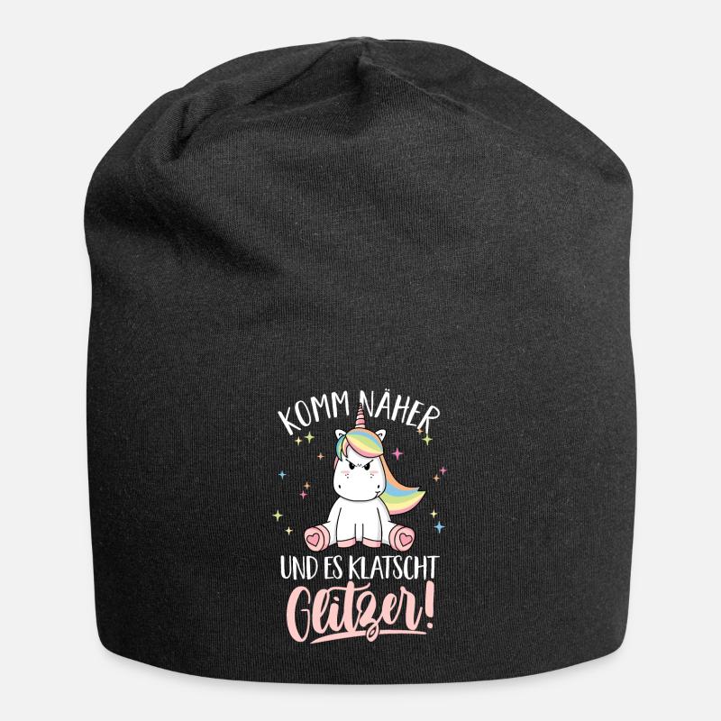 Komm näher und es klatscht Glitzer Einhorn Spruch - Jersey-Beanie - Schwarz