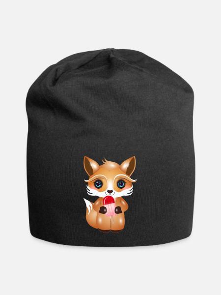 niedlicher Kawaii Fuchs mit rotem Eis am Stil - Jersey-Beanie - Schwarz