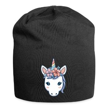 Einhornkopf mit Blumen, weiche Pastell-Fantasy-Kunst - Jersey-Beanie - Schwarz - Vorne