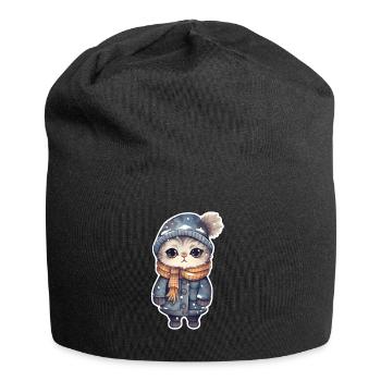 Katze mit Mütze, Schal und Jacke - Jersey-Beanie - Schwarz - Vorne