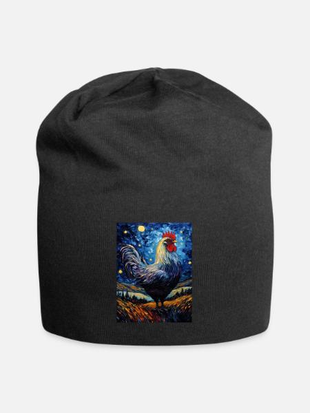 hahn, van gogh, sternennacht, tier, huhn - Jersey-Beanie - Schwarz