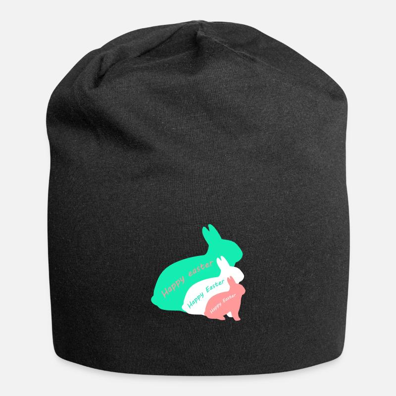 Happy Easter - three rabbits - Jersey Beanie - black