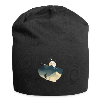Backpacker in den Bergen, Mondschein - Jersey-Beanie - Schwarz - Vorne
