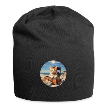 Cute cat goes on a summer beach holiday by the sea - Jersey Beanie - black - Front