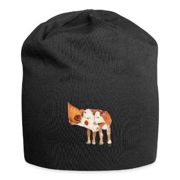Kuh mit Kalb - Jersey-Beanie - Schwarz - Vorne
