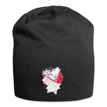 Wolf, Iris und Pfingstrose aus Japan - Jersey-Beanie - Schwarz - Vorne