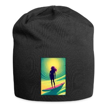 Surfergirl Mädchen Frau Surfbrett Wellen Meer - Jersey-Beanie - Schwarz - Vorne