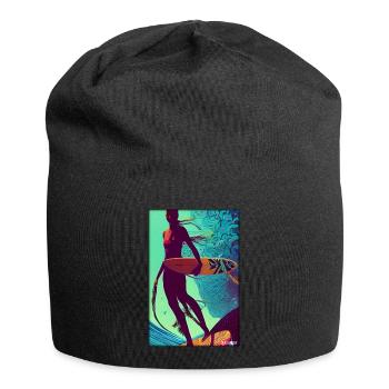 Surfergirl Mädchen Frau Surfbrett Wellen Meer - Jersey-Beanie - Schwarz - Vorne