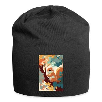 Cute squirrel on a branch surrounded by flowers - Jersey Beanie - black - Front