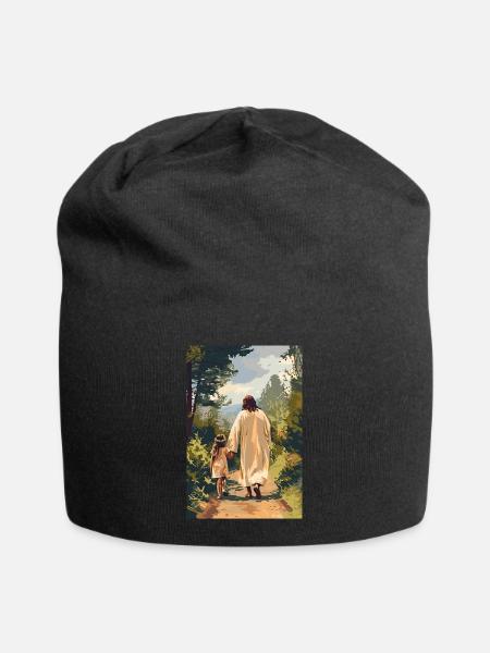 Jesus wandert mit einem kleinen Mädchen, - Jersey-Beanie - Schwarz