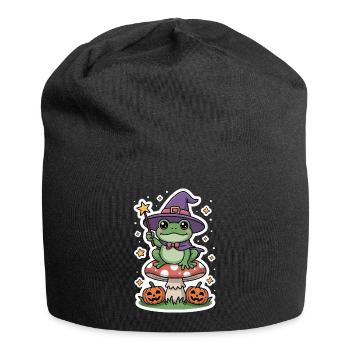 Grenouille sorcière d'Halloween sur amanite tue-mouches avec citrouille - Bonnet en jersey - noir - Devant