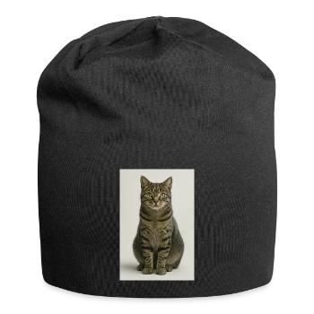 Sitzende getigerte Katzenporträt - Jersey-Beanie - Schwarz - Vorne