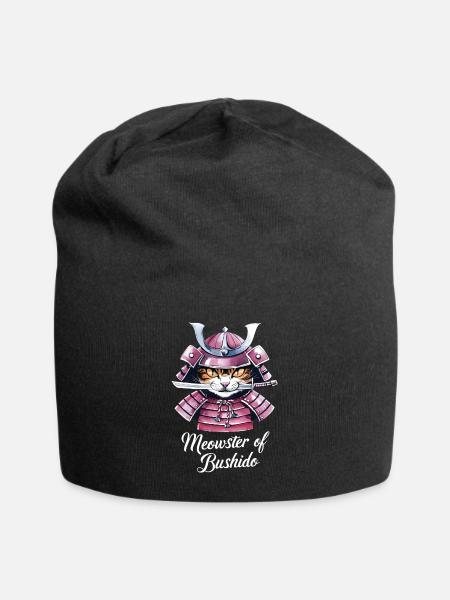 Watercolor Samurai Cat - Jersey Beanie - black