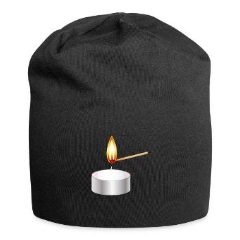ein kleines Teelicht anzünden mit Streichholz - Jersey-Beanie - Schwarz - Vorne