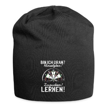 Dart Spruch Hinsetzen! Zugucken! Lernen! Dartpfeil - Jersey-Beanie - Schwarz - Vorne
