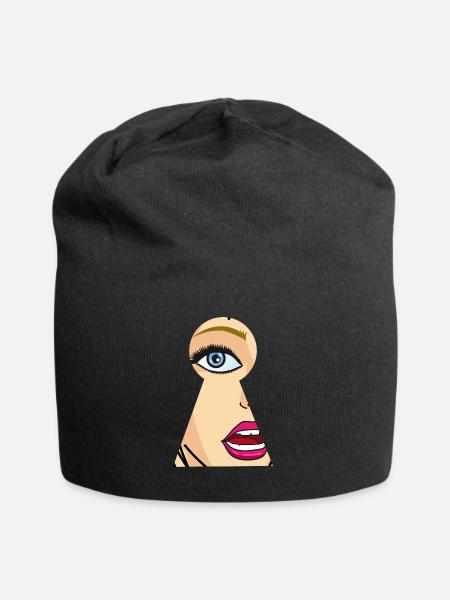 Woman looks through keyhole, comic pop art - Jersey Beanie - black
