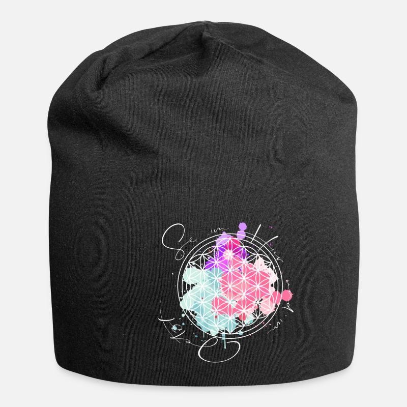 Blume des Lebens sei im Hier und Jetzt weiss - Jersey-Beanie - Schwarz