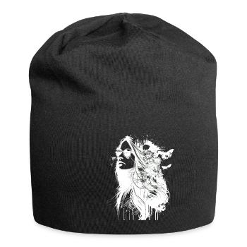 Black and White Hippie Portrait Woman with Flowers - Jersey Beanie - black - Front