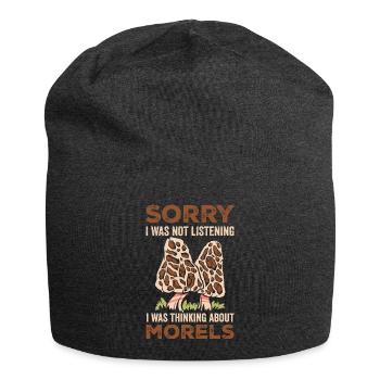 Thinking About Morels Mycology Mushroom Morel - Jersey Beanie - charcoal grey - Front