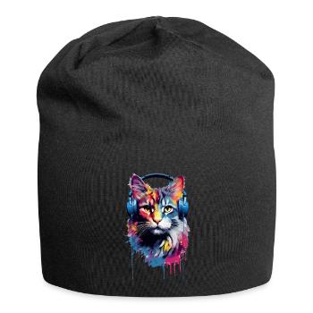 Chat Maine Coon coloré avec des écouteurs - Bonnet en jersey - noir - Devant