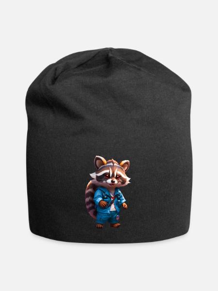 Happy Chibi Waschbär Racoon in Jeans - Jersey-Beanie - Schwarz
