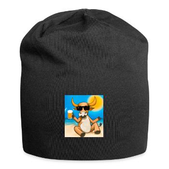 Bull with sunglasses and beer on the golden beach - Jersey Beanie - black - Front