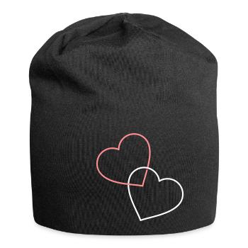 Zwei Herzformen - miteinander verbunden - Jersey-Beanie - Schwarz - Vorne