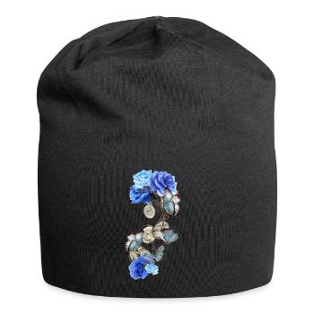 Steampunk design with blue butterflies and roses - Jersey Beanie - black - Front