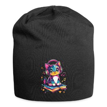 Cute cat with headphones and books - Jersey Beanie - black - Front