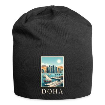 Doha Waterfront Cityscape Qatar Travel Poster - Jersey Beanie - black - Front