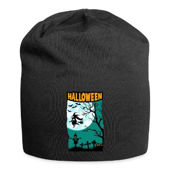 Halloween mit Hexe Vollmond Kürbissen und Friedhof - Jersey-Beanie - Schwarz - Vorne