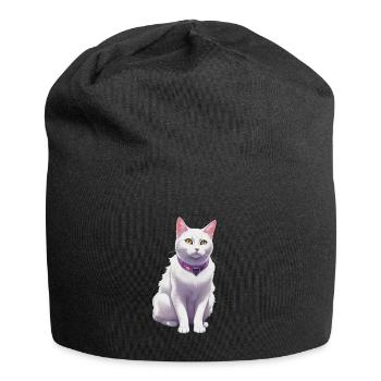 Weiße Katze mit lila Halsband - Jersey-Beanie - Schwarz - Vorne