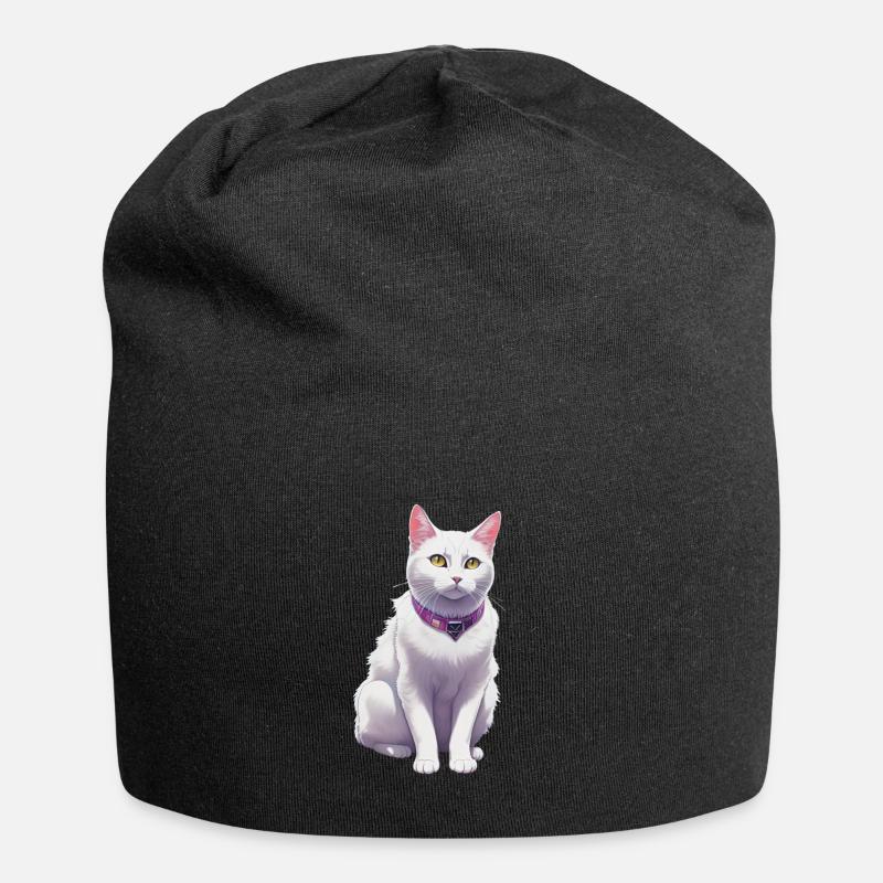 White Cat with a Purple Collar - Jersey Beanie - black