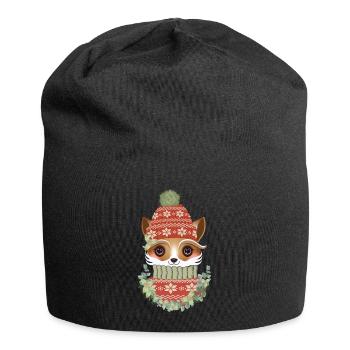 cute fox with sweater, bobble hat & wreath - Jersey Beanie - black - Front