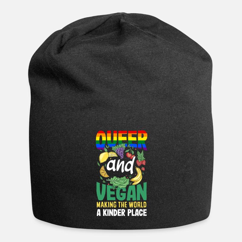 Queer and vegan - making the world a kinder place - Jersey Beanie - black