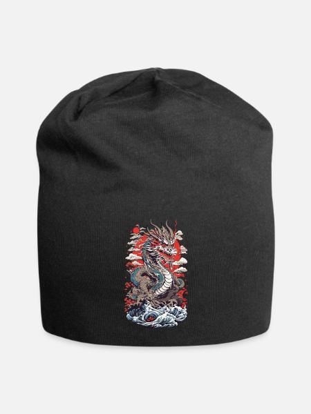 Japanischer Drache Ukiyo-E Stil mit Kanagawa Welle - Jersey-Beanie - Schwarz