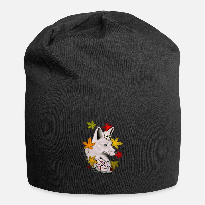 White fox kitsune - Jersey Beanie - black