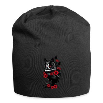 Eule mit roten Blumen - Jersey-Beanie - Schwarz - Vorne